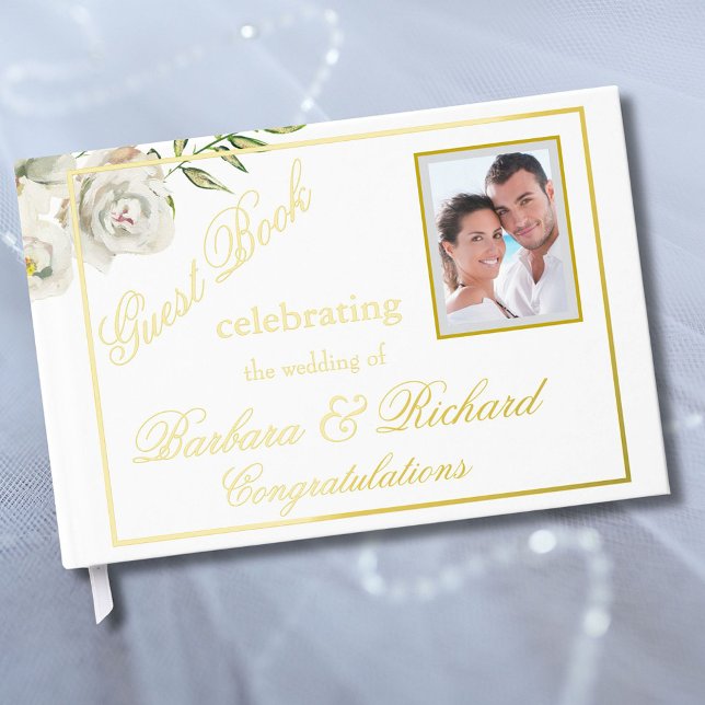 Elegant Floral Photo Wedding Reception Gold Foil  Guest Book (Creator Uploaded)