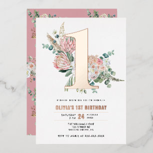 Elegant Floral Pink 1st Birthday Invitation 