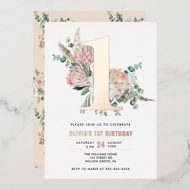 Elegant Floral Pink 1st Birthday Invitation Foil I (Front/Back)