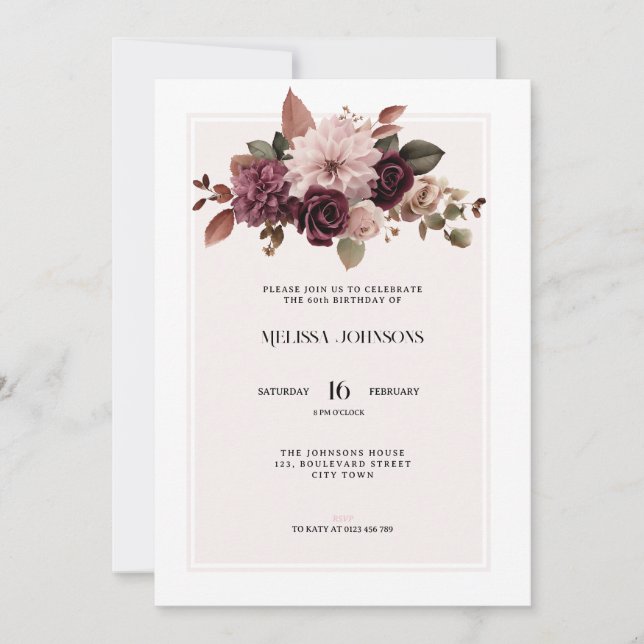 Elegant Floral Pink 60th Birthday Invitation (Front)