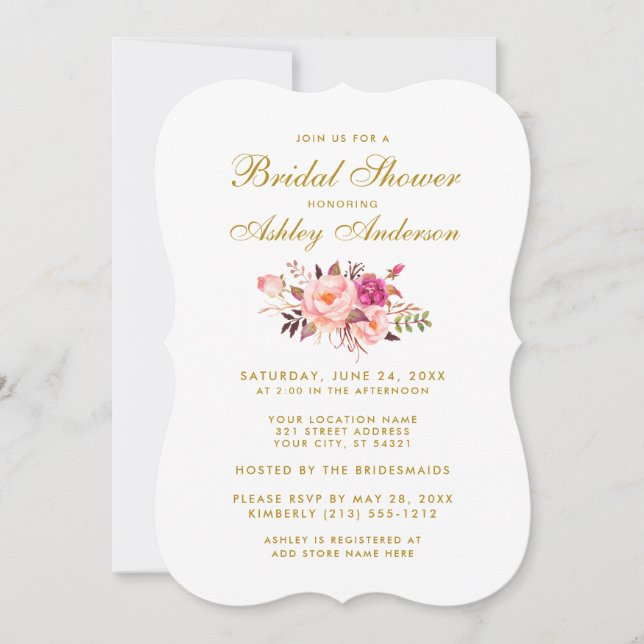 Elegant Floral Pink and Gold Bridal Shower Invite (Front)