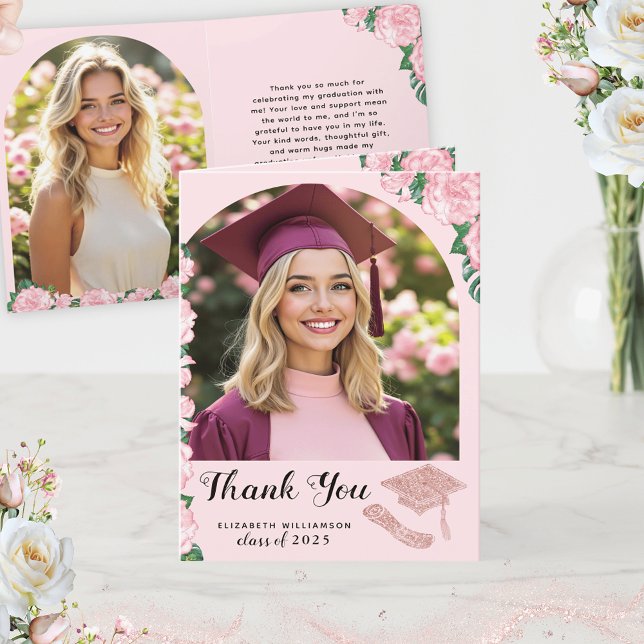 Elegant Floral Pink Arch Photo Graduation Thank You Card (Creator Uploaded)