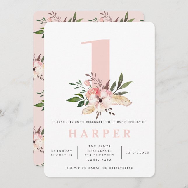 Elegant floral pink birthday party invitation (Front/Back)