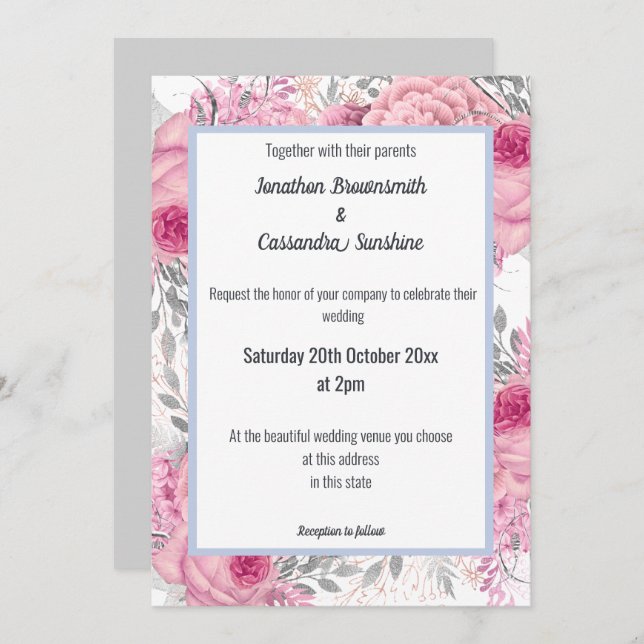 ELEGANT FLORAL PINK BLUE WHITE WEDDING INVITATION (Front/Back)