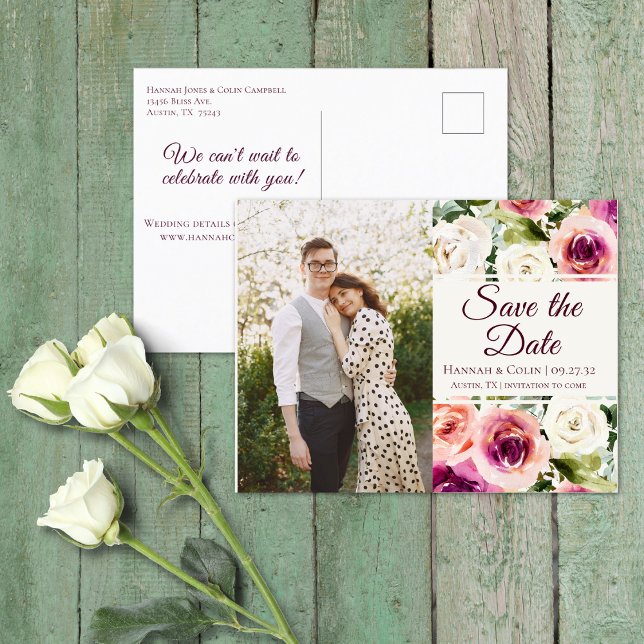 Elegant Floral Pink Blush Purple Save the Date Announcement Postcard (Creator Uploaded)