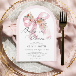 Elegant Floral Pink Bow Baby in Bloom Baby Shower Invitation