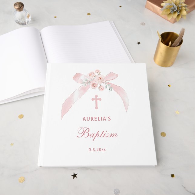 Elegant Floral Pink Bow Baptism Guest Book (Front Open)