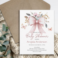 Elegant Floral Pink Bow Butterfly Baby Shower