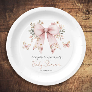 Elegant Floral Pink Bow Girl Baby Shower Paper Plate
