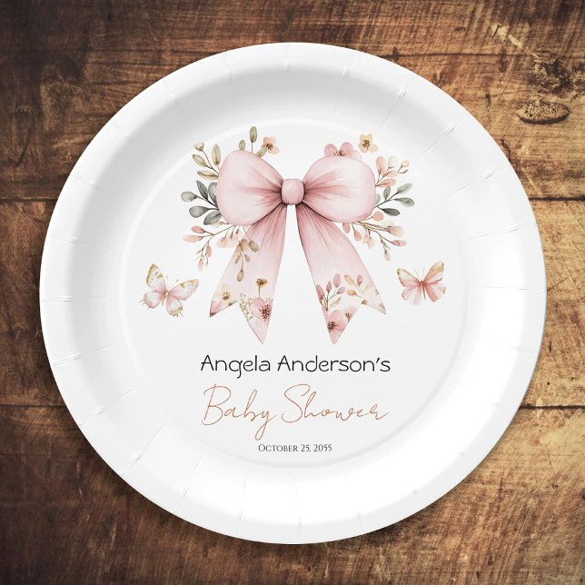 Elegant Floral Pink Bow Girl Baby Shower Paper Plate (Creator Uploaded)