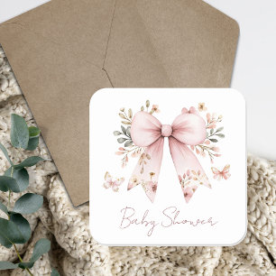 Elegant Floral Pink Bow Girl Baby Shower Square Sticker
