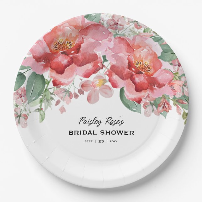 Elegant Floral Pink Bridal Shower Paper Plate (Front)