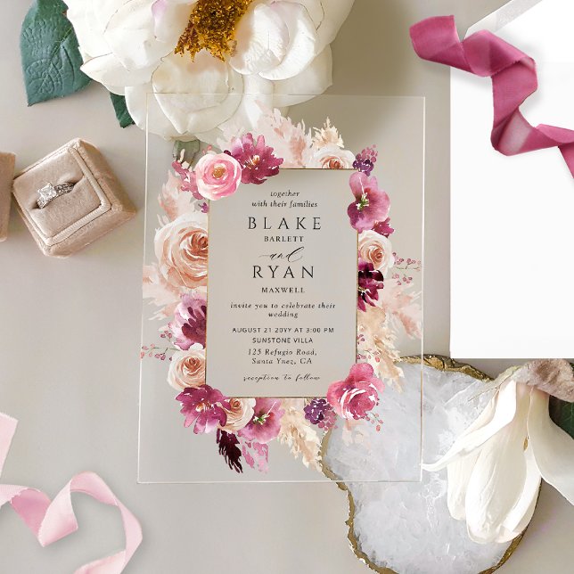 Elegant Floral Pink, Burgundy, Champagne Wedding Acrylic Invitations (Creator Uploaded)