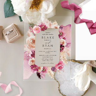 Elegant Floral Pink, Burgundy Watercolor Wedding Acrylic Invitations