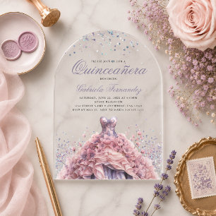 Elegant Floral Pink Dress Quinceanera Acrylic Invitations