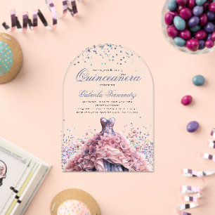 Elegant Floral Pink Dress Quinceanera Acrylic Invitations
