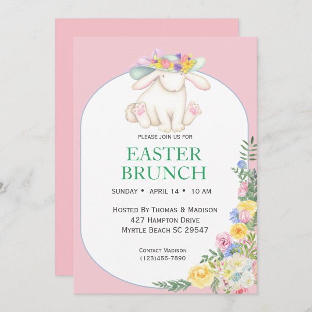 Elegant Floral Pink Easter Brunch Invitation (Front/Back)