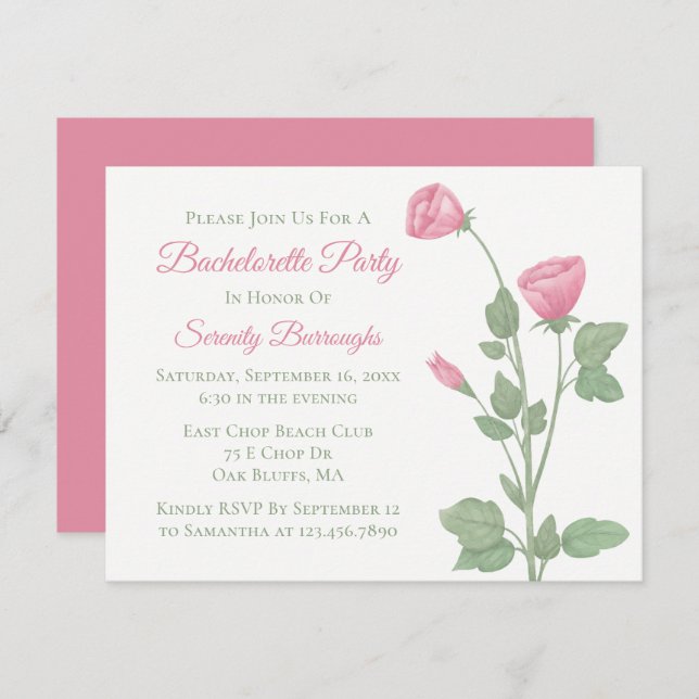 Elegant Floral Pink Flowers Bachelorette Party  Invitation (Front/Back)