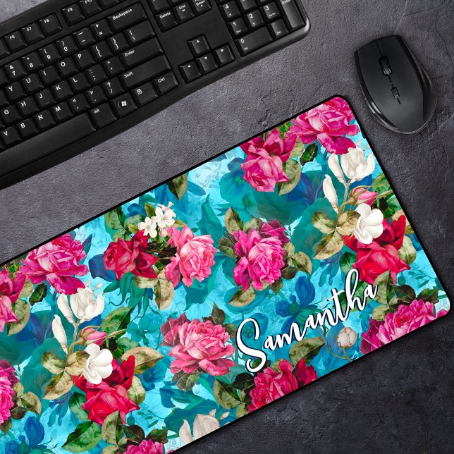 Elegant floral pink flowers blue pattern desk mat (Creator Uploaded)