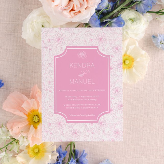 Elegant Floral Pink French Toile Wedding Invitation (Creator Uploaded)