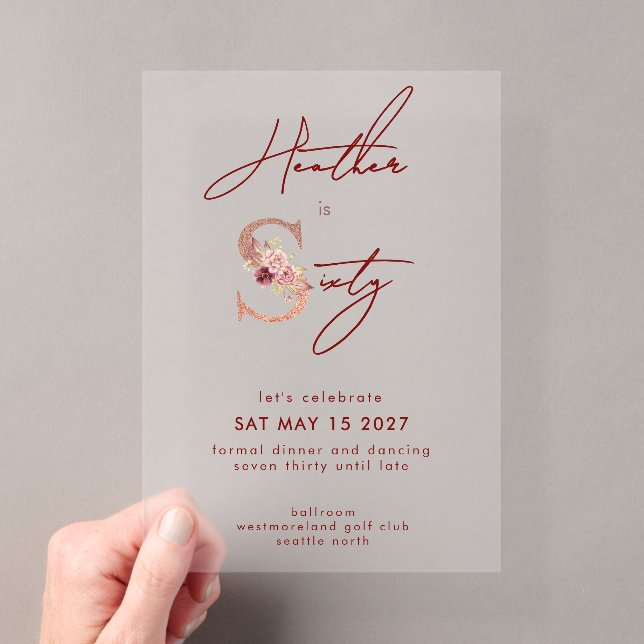 Elegant Floral Pink Glitter Script 60th Birthday Acrylic Invitations (Insitu (Handheld))