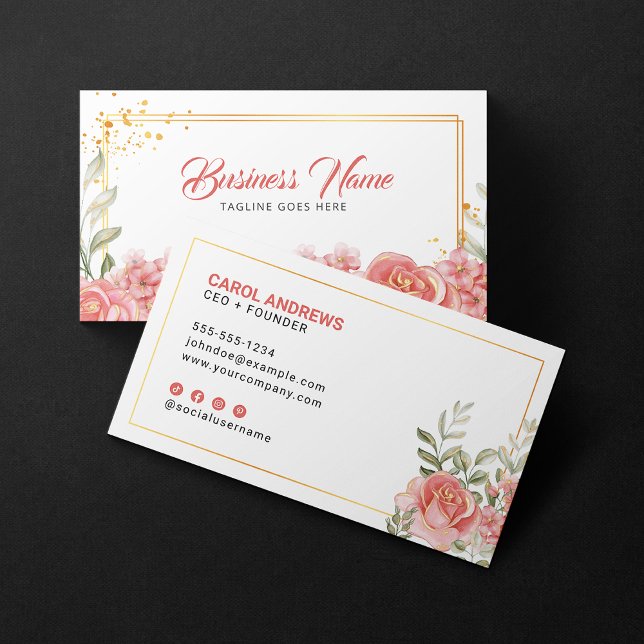 Elegant Floral Pink Gold Accent Botanical Greenery Business Card (Creator Uploaded)