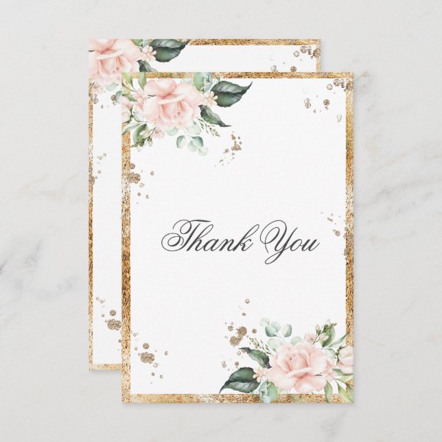 Elegant Floral Pink Gold Script Wedding Thank You Card (Front/Back)