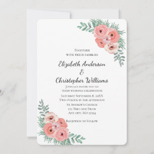Elegant Floral Pink Green Watercolor Wedding Invitation