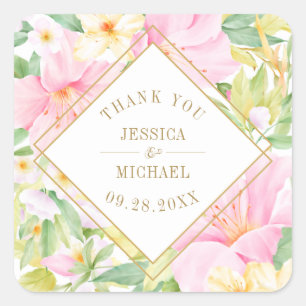 Elegant Floral Pink Green Wedding Thank You Square Sticker