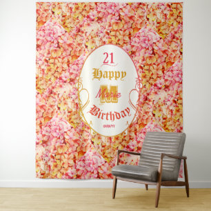 Elegant Floral Pink Happy 21st Birthday Backdrop Tapestry