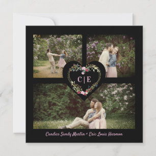 Elegant Floral Pink Heart 3 Photos Engagement Invitation