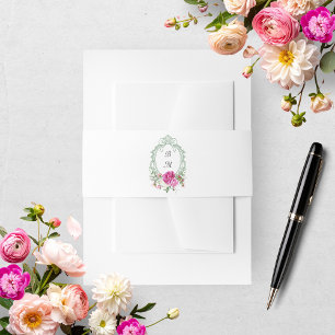 Elegant Floral Pink Peony Monogram Wedding Address Invitation Belly Band