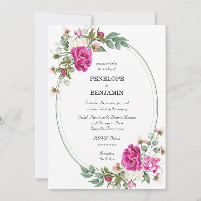 Elegant Floral Pink Peony Monogram Wedding Invitation (Front)