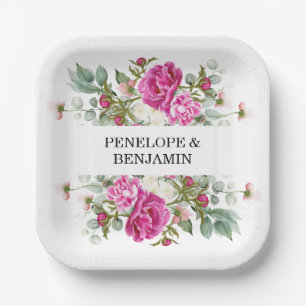 Elegant Floral Pink Peony Monogram Wedding Paper Plate