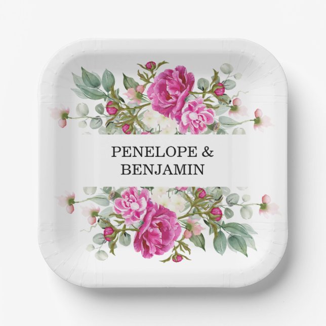 Elegant Floral Pink Peony Monogram Wedding Paper Plate (Front)