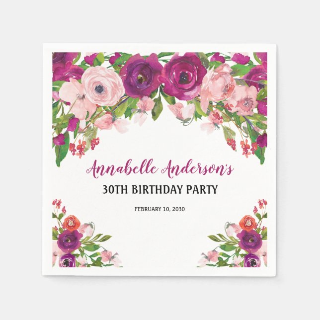 Elegant Floral Pink Purple Watercolor Birthday Napkin (Front)
