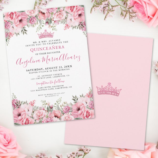 Elegant Floral Pink Quinceanera Invitation (Elegant Floral Pink Quinceanera Invitation)