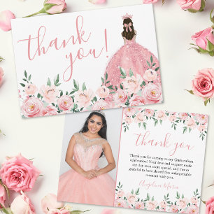 Elegant Floral Pink Quinceañera Photo Thank You Card