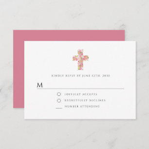Elegant Floral Pink Religious Cross Girl Baptism RSVP Card