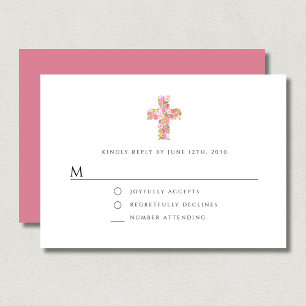 Elegant Floral Pink Religious Cross Girl Baptism RSVP Card