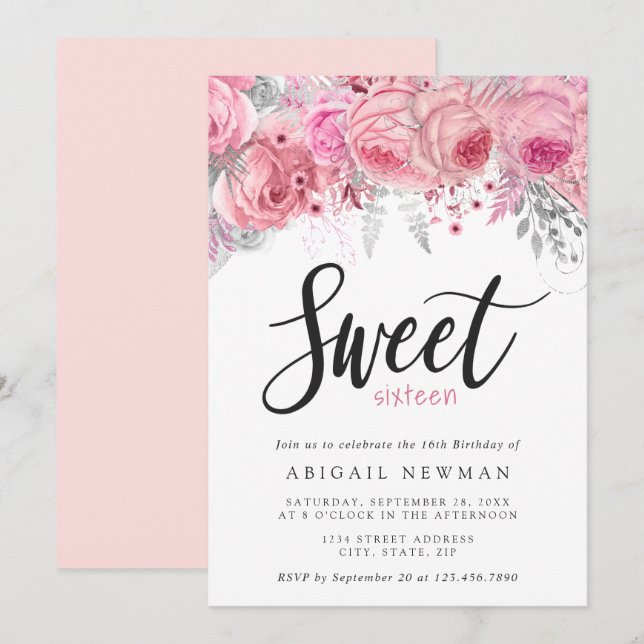 Elegant floral pink rose gold silver sweet sixteen invitation (Front/Back)