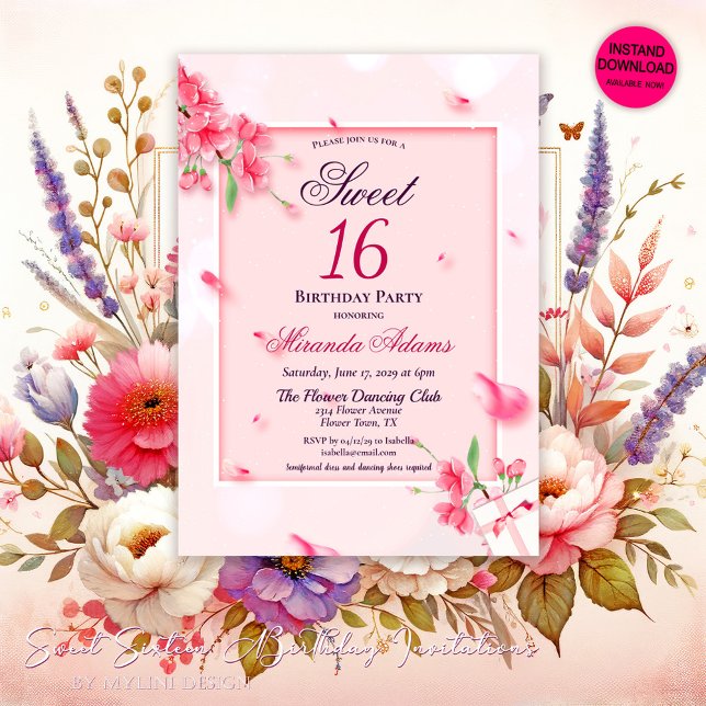 Elegant Floral Pink Sweet Sixteen Birthday Party Invitation (Creator Uploaded)