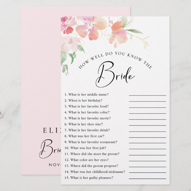 Elegant Floral Pink Watercolor Bridal Shower Game (Front/Back)