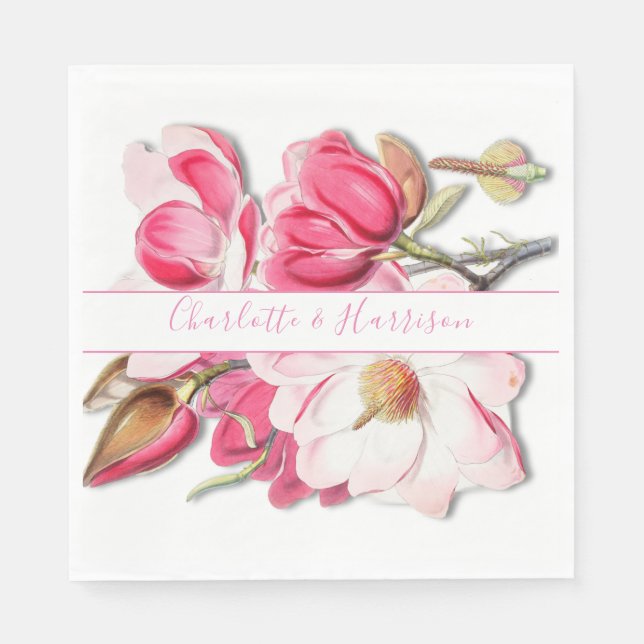 Elegant Floral Pink Watercolor Magnolia  Wedding Napkin (Front)