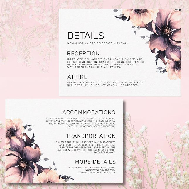 Elegant Floral Pink Wedding Details Enclosure Card (Elegant Floral Pink Wedding Information Details Enclosure Card)