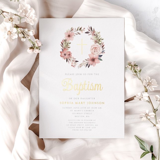 Elegant Floral Pink Wreath Girl Baptism  (Elegant Floral Pink Wreath Girl Baptism Foil Invitation)