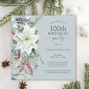 Elegant Floral Poinsettia December 100th Birthday Invitation