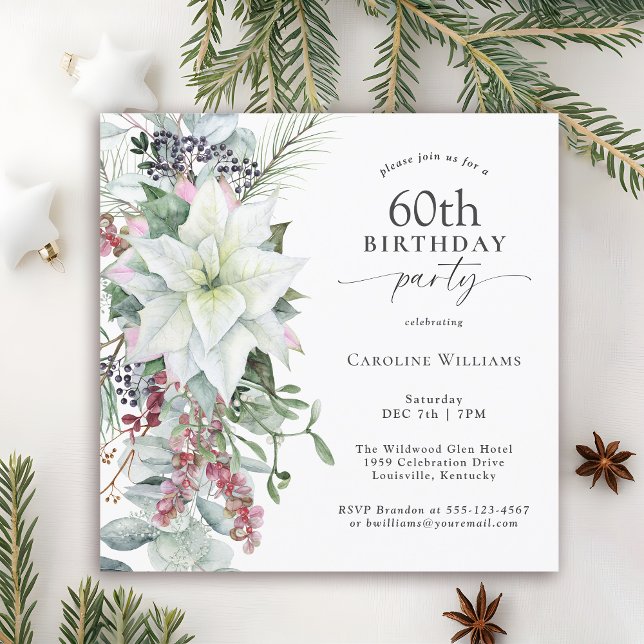 Elegant Floral Poinsettia December 60th Birthday Invitation (Available in both printed and instant download digital format.)