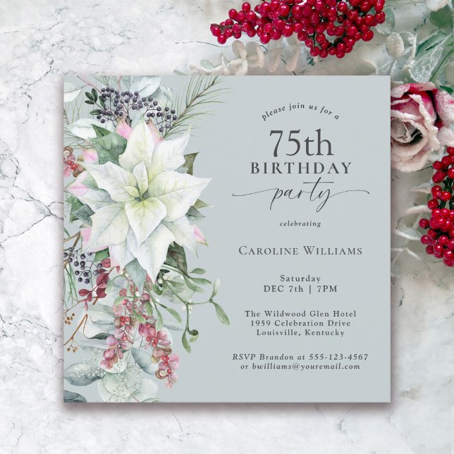 Elegant Floral Poinsettia December 75th Birthday Invitation (Available in both printed and instant download formats.)