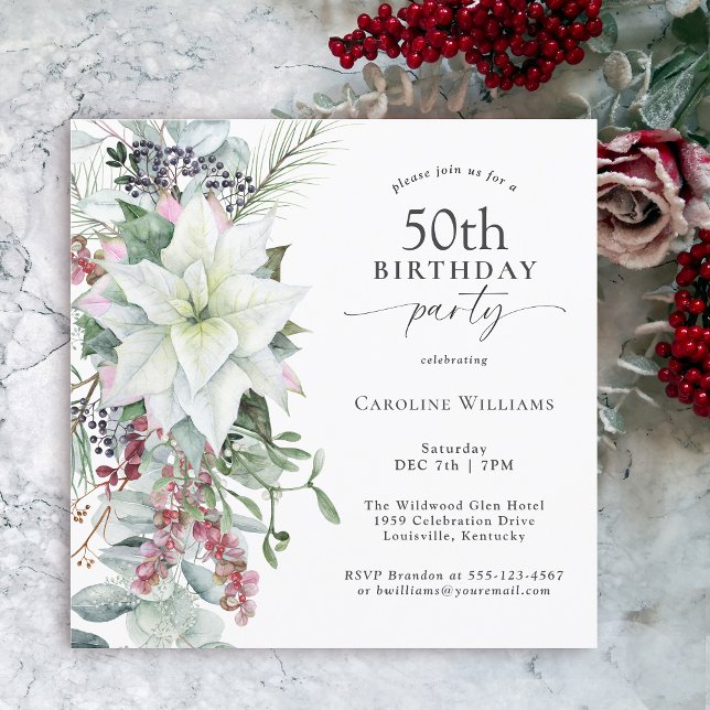 Elegant Floral Poinsettia Winter 50th Birthday Invitation (Available in both printed and instant download digital formats.)